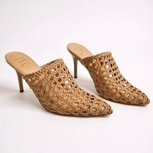 INC International Concepts Tan Woven Mules Kitten Heels Vegan Leather Size 6.5M